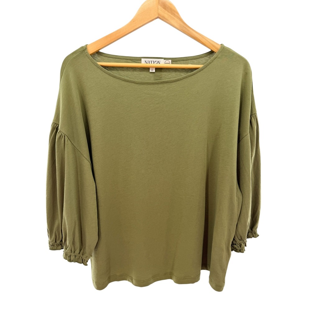 Nation LTD Organic Cotton Olive Green Puff Sleeve Boat Neck Top Large Minimalist